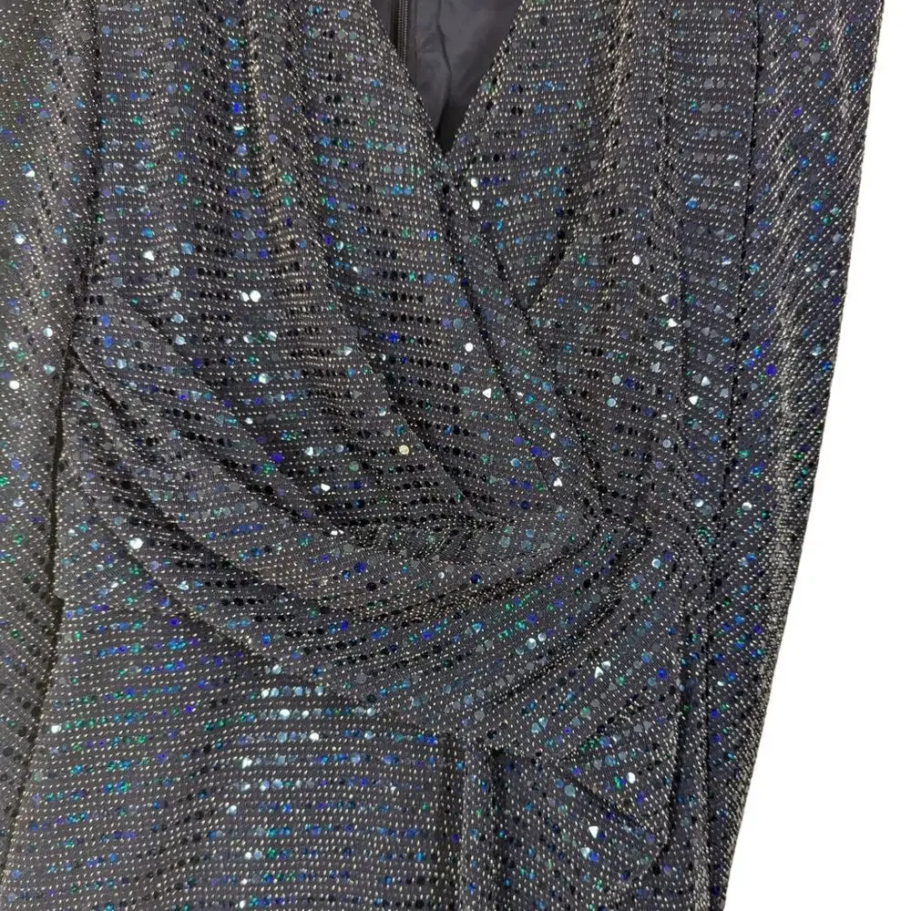 Talbot Runhof Rosin Metallic Navy Draped Gown V-Neck Cape Sleeve 6 36 Preowned - Picture 5 of 14